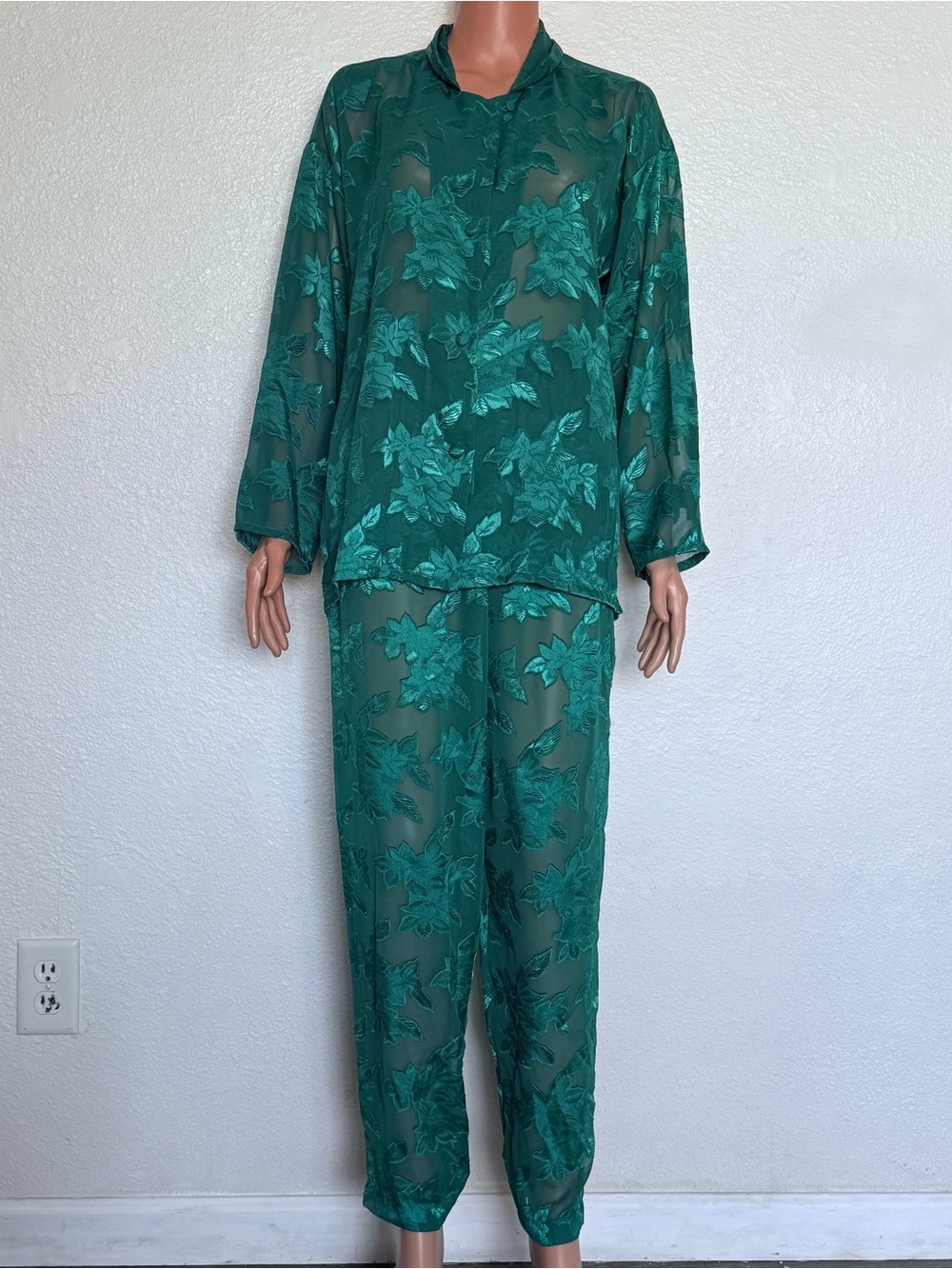 Victoria's Secret Gold Crown Label Sheer Pajama Set XS Emerald Green Jacquard